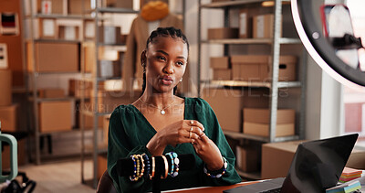 Buy stock photo Online, vlog and woman with jewelry, small business and product promotion on social media or website. Influencer marketing, brand awareness and black person with smartphone for video and ring light