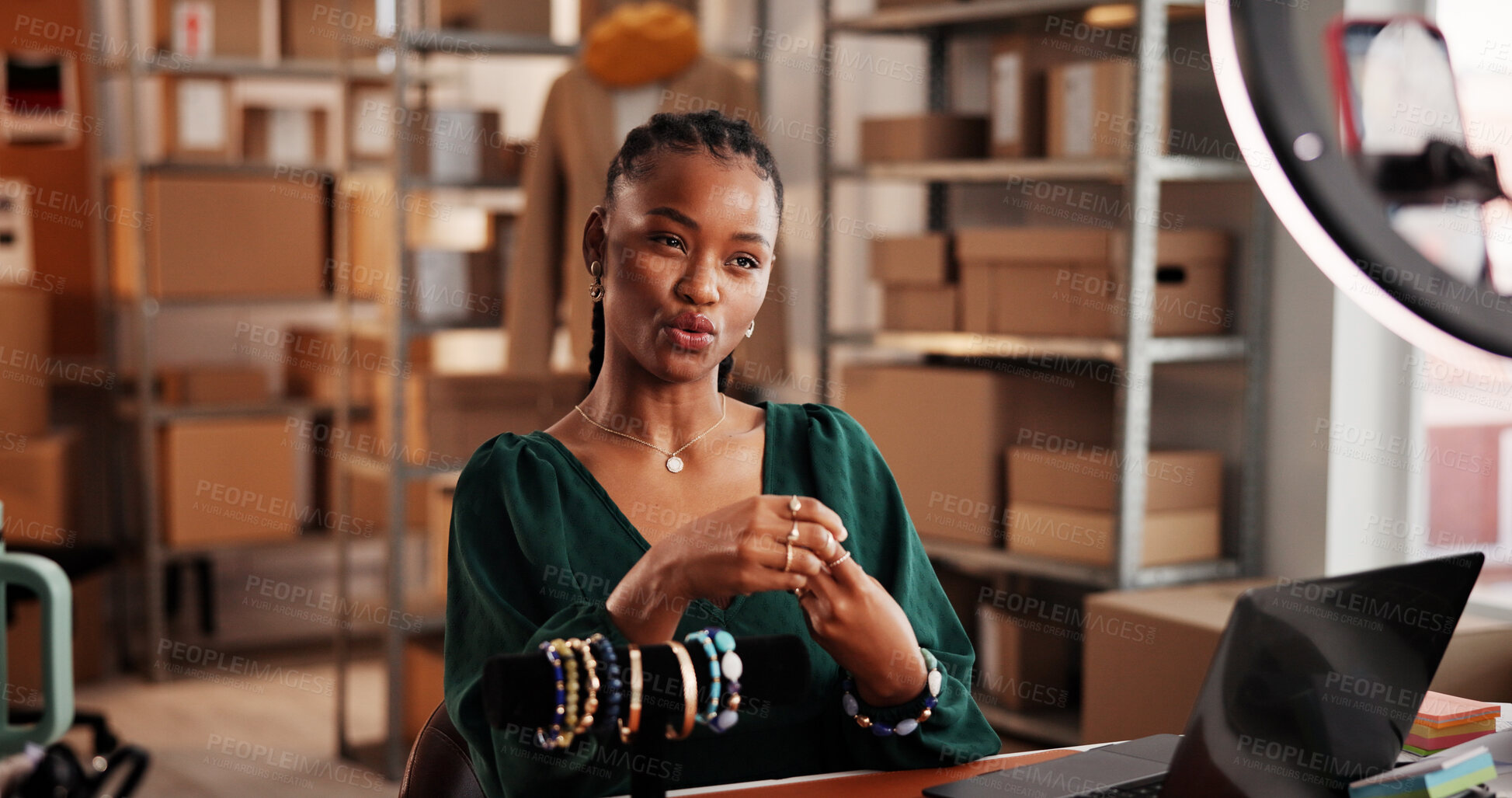 Buy stock photo Online, vlog and woman with jewelry, small business and product promotion on social media or website. Influencer marketing, brand awareness and black person with smartphone for video and ring light