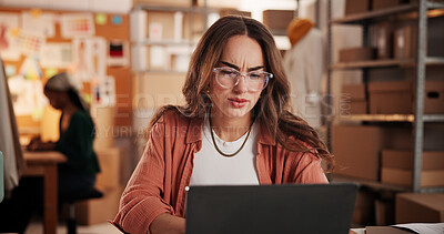 Buy stock photo Startup, confused and woman on laptop for supply chain, inventory and order mistake. Office, fashion business and person on computer for logistics error, ecommerce and shipping for customer delivery