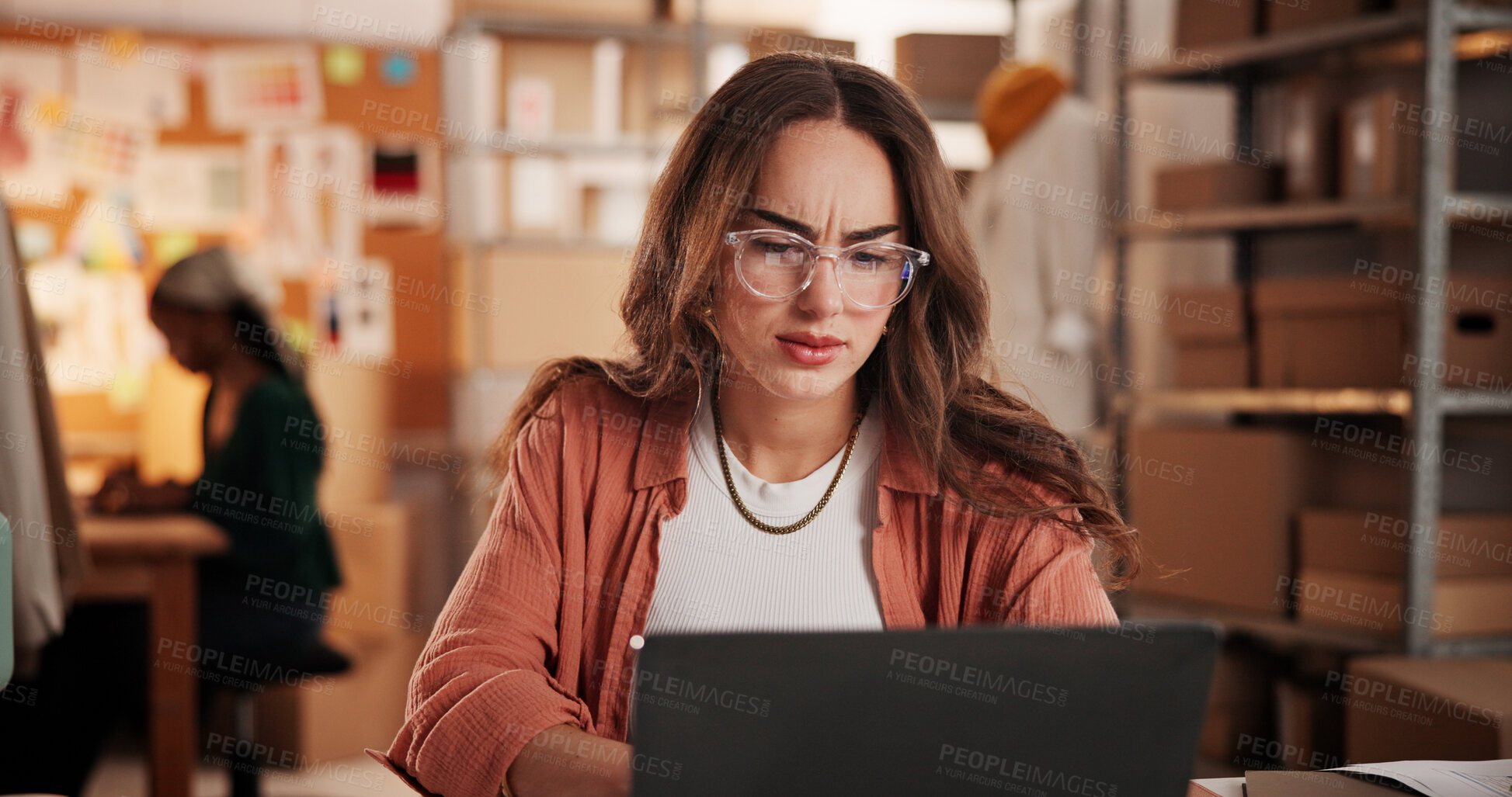 Buy stock photo Startup, confused and woman on laptop for supply chain, inventory and order mistake. Office, fashion business and person on computer for logistics error, ecommerce and shipping for customer delivery