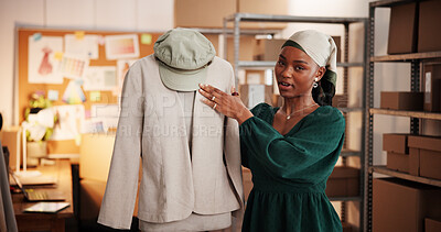 Buy stock photo Live stream, fashion and portrait of black woman in warehouse for promotion, social media or pov. Advertising, ecommerce and clothing merchandiser with person in factory for online shopping broadcast