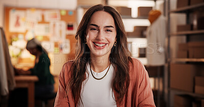 Buy stock photo Woman, smile and portrait for dropshipping, fashion and pride with creative career at startup company. Person, designer and happy at job for clothes production, confidence and e commerce at workshop