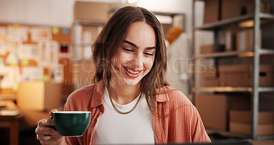 Buy stock photo Coffee, laptop and ecommerce with woman in warehouse for online shopping, email confirmation and shipping. Small business, export and inventory manager with person and drink in factory for supplier