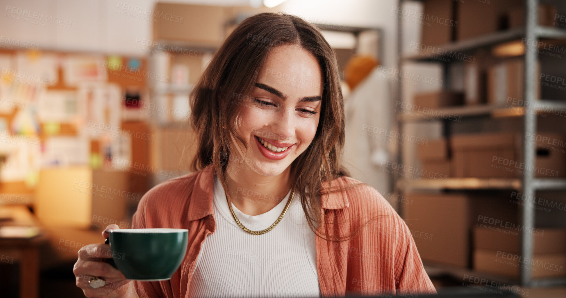 Buy stock photo Coffee, laptop and ecommerce with woman in warehouse for online shopping, email confirmation and shipping. Small business, export and inventory manager with person and drink in factory for supplier