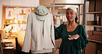 Advertising, fashion and portrait of black woman in warehouse for promotion, social media or pov. Live stream, ecommerce and clothing merchandiser with person in factory for online shopping broadcast