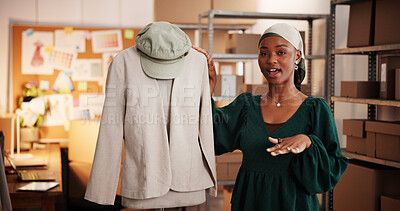 Buy stock photo Advertising, fashion and portrait of black woman in warehouse for promotion, social media or pov. Live stream, ecommerce and clothing merchandiser with person in factory for online shopping broadcast