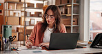 Supply chain, business and woman on laptop with notebook for planning, inventory and checklist. Office, retail supplier and person on computer for research, ecommerce and shipping for customer order