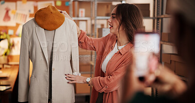 Buy stock photo Influencer, startup and woman with fashion for supply chain, retail supplier and online review. Small business, clothes designer and people recording for brand promotion, social media and ecommerce