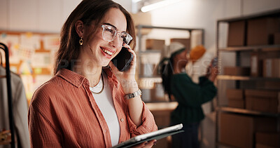 Buy stock photo Woman, phone call and laptop with smile for startup discussion, contact supplier and ecommerce. Female person, mobile and digital for logistics, confirm order and quality assurance for distribution