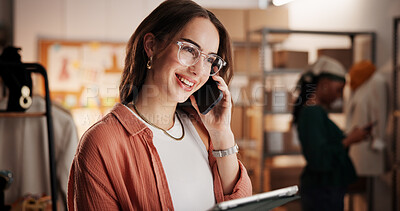 Buy stock photo Woman, phone call and laptop for ecommerce startup with discussion, contact supplier and fashion. Smile, person and digital for logistics, confirm order and quality assurance for clothes distribution