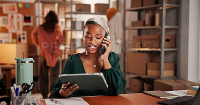 Buy stock photo Woman, designer and phone call with tablet at workshop, fashion or dropshipping order at startup. Person, smartphone and tech for talk, app and contact with creative project for clothes at studio