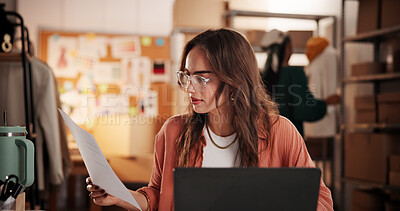 Buy stock photo Ecommerce, documents or woman with laptop, small business or shipping schedule. Person, pc or entrepreneur with paperwork, inventory or checklist for delivery bills, supply chain or order information