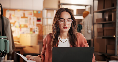 Buy stock photo Woman, laptop and document for dropshipping, fashion and sales report at online shopping startup. Person, entrepreneur and designer with computer, ecommerce and admin with shipping schedule at studio