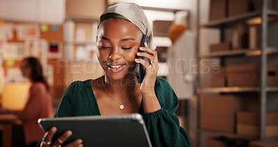 Buy stock photo Woman, phone call and tablet for fashion warehouse with discussion, contact supplier and ecommerce. Female person, mobile and digital for logistics, confirm order and shipping of clothes distribution