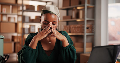 Buy stock photo Worry, laptop and ecommerce with black woman in warehouse for online shopping, courier mistake and lost order. Small business, anxiety and late inventory with person and tech glitch in factory
