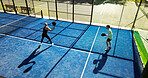 Padel, athletes and people at court, active and training for sport tournament, above and performance. Outdoor, fitness and tennis players with rackets for challenge, competition and practice together