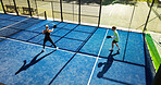 Padel, athletes and people at court, cardio and training for sport tournament, above and performance. Outdoor, fitness and tennis players with rackets for challenge, competition and practice together