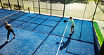 Padel, athletes and people at court, training and cardio for sport tournament, above and performance. Outdoor, fitness and tennis players with rackets for challenge, competition and practice together