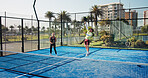 Sports, padel and people jump on court for exercise, training and practice for competition. Tennis, athlete team and man and woman with racket for playing game, match and tournament for challenge