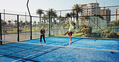 Buy stock photo Sports, padel and people jump on court for exercise, training and practice for competition. Tennis, athlete team and man and woman with racket for playing game, match and tournament for challenge