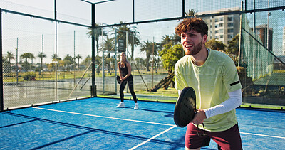 Buy stock photo Sports, padel team and man on court for exercise, training and practice for competition. Tennis, athlete and person and woman with racket for playing game, match and tournament for challenge outdoor