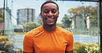 Black man, smile and portrait at tennis court for fitness, outdoor and training at urban park. Person, happy and athlete with pride, confidence and excited for exercise at sports club in Nigeria