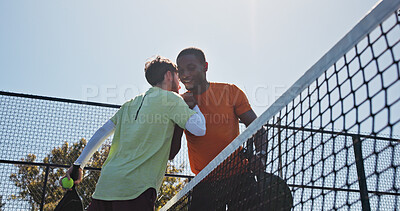 Buy stock photo Fitness, hug and padel with men on court together for practice or training session. Exercise, handshake or tennis with coach and player talking outdoor for skill or sports development from below
