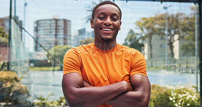 Buy stock photo Tennis court, portrait and black man with arms crossed, fitness or recreation with pride. Outdoor, athlete or healthy person with smile, hobby or training with sports, practice or match game in Kenya