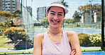 Portrait, woman and smile by court for tennis competition practice, fitness and sports training start. Active, happy person and outdoor with exercise confidence, wellness and ready for padel workout.