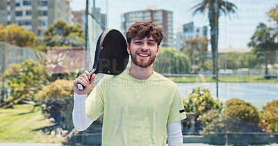 Buy stock photo Man, smile and portrait at tennis court for padel, fitness and outdoor for training at urban park. Person, happy and pride with confidence, racket and excited for exercise at sports club in Australia