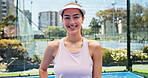 Portrait, happy and woman by court for tennis competition practice, fitness and sports training start. Active, person outdoor and smile with exercise confidence, wellness or ready for cardio workout.