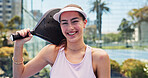 Woman, smile and portrait at tennis court for padel, fitness and outdoor training at urban park. Person, happy and pride with confidence, racket and excited for exercise at sports club in Australia