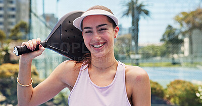 Buy stock photo Woman, smile and portrait at tennis court for padel, fitness and outdoor training at urban park. Person, happy and pride with confidence, racket and excited for exercise at sports club in Australia