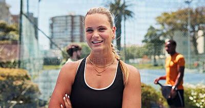 Buy stock photo Portrait, fitness and woman by court for tennis competition practice, sports and training start. Active, female person outdoor and smile with exercise confidence, wellness or ready for padel workout.