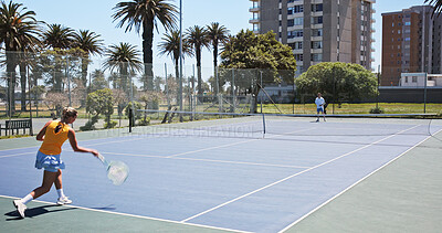 Buy stock photo Fitness, hobby and tennis with people on court together for game, match or practice session. Competition, exercise or training with athlete and opponent outdoor for challenge, performance or sports