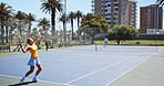 Exercise, hobby and tennis with people on court together for game, match or practice session. Competition, fitness or training with athlete and opponent outdoor for challenge, performance or sports