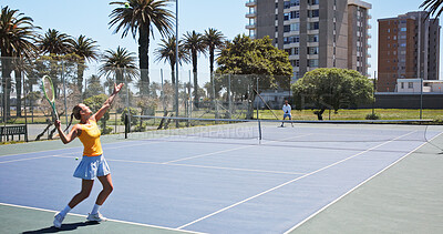 Buy stock photo Exercise, hobby and tennis with people on court together for game, match or practice session. Competition, fitness or training with athlete and opponent outdoor for challenge, performance or sports