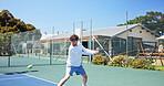 Exercise, hobby and tennis with man on court for game, match training or practice session. Competition, fitness or sports with athlete person outdoor for active challenge, health or performance