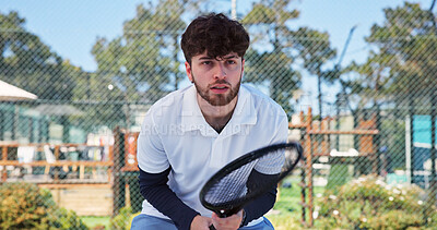 Buy stock photo Fitness, waiting or man on tennis court with racket, competition practice or energy in training match. Padel, endurance or athlete outdoor with equipment, anticipation or intense game in sports hobby