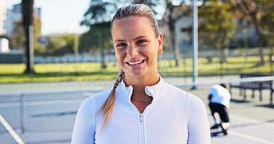 Buy stock photo Tennis court, portrait and woman with smile for workout,  sports professional and game training for contest. Happy, fitness and athlete with practice match for competition, exercise and outdoor club