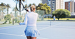 Tennis court, fitness and woman with racket for game, competition training and sports workout. Outdoor space, exercise or people play match for skill development, endurance or performance for contest