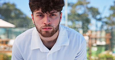 Buy stock photo Portrait, tired and man with fitness, padel and sports game with training, wellness and exhausted. Cardio, tennis player and healthy person with break, fatigue and resting with exercise and contest