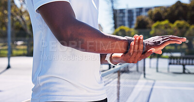 Buy stock photo Hands, person and ache with wrist pain on tennis court for fitness, sports injury and inflammation. Player, discomfort and joint tension of training mistake, exercise accident and muscle fibromyalgia