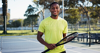 Buy stock photo Portrait, man outdoor and smile with tennis racket for wellness, fitness and competition practice. Happy, black person and athlete on court with equipment for exercise, sports game and start workout.