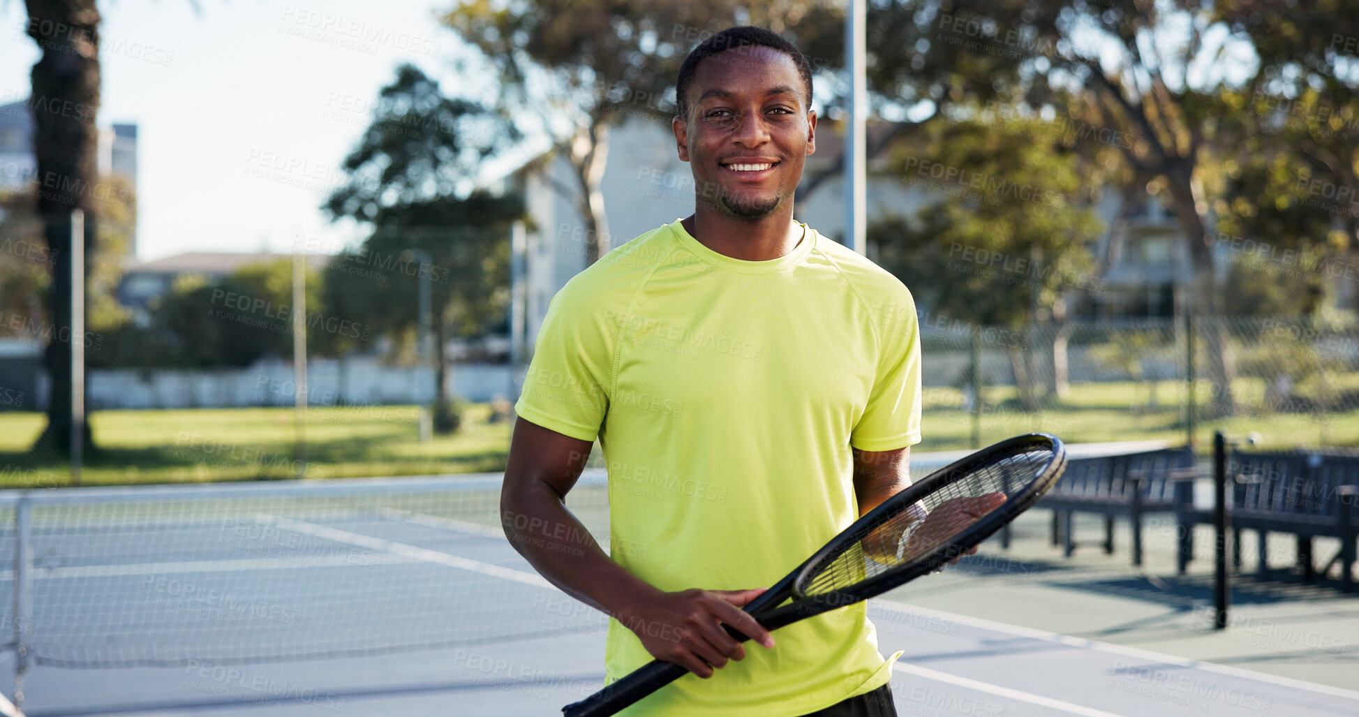 Buy stock photo Portrait, man outdoor and smile with tennis racket for wellness, fitness and competition practice. Happy, black person and athlete on court with equipment for exercise, sports game and start workout.