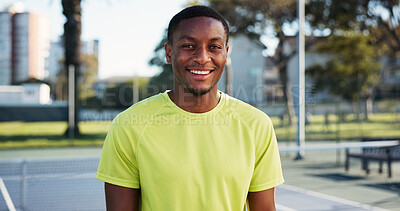 Buy stock photo Tennis court, portrait and black man with smile for workout, match training or sports professional. Happy, fitness practice or athlete with padel game on outdoor turf,  exercise or wellness in summer