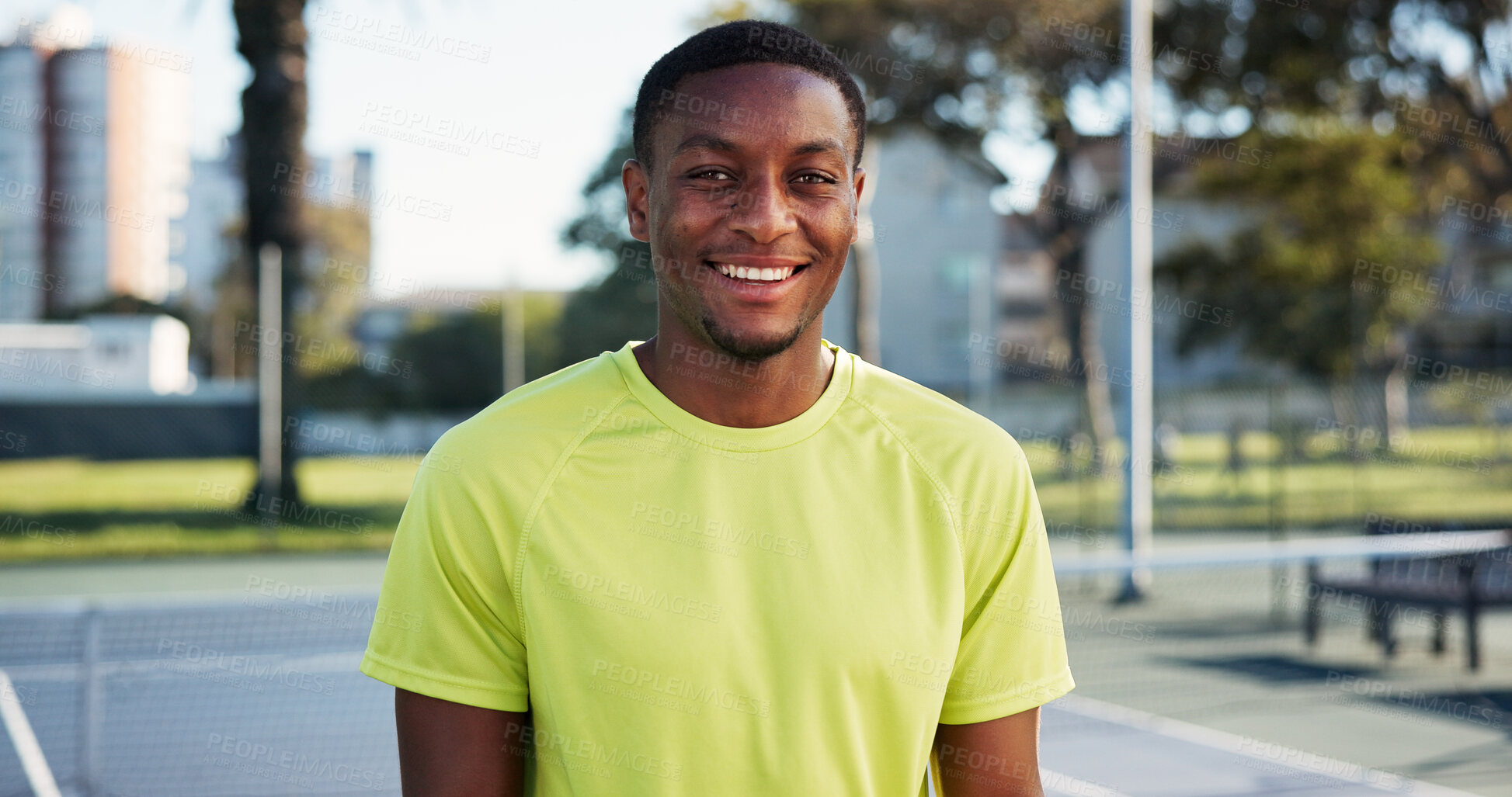 Buy stock photo Tennis court, portrait and black man with smile for workout, match training or sports professional. Happy, fitness practice or athlete with padel game on outdoor turf,  exercise or wellness in summer