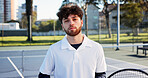 Portrait, fitness and man outdoor with tennis racket for wellness, training and competition practice. Active, person and serious on court with equipment for exercise, sports game and start workout.