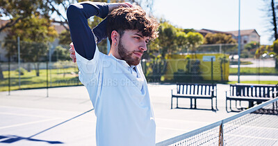 Buy stock photo Tennis court, stretching and man outdoor for fitness, training and practice for game. Sports, athlete and person with warm up for workout, hobby and exercise for match, tournament and challenge