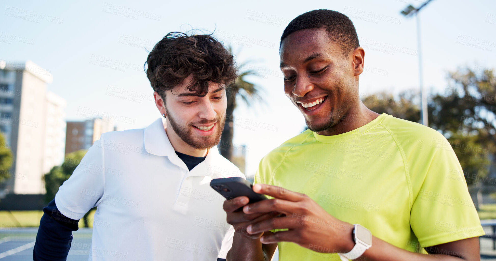 Buy stock photo Conversation, phone and sports tracker with people outdoor for fitness or skills development. App, exercise and  health tracking with friends speaking on tennis court for mobile progress update